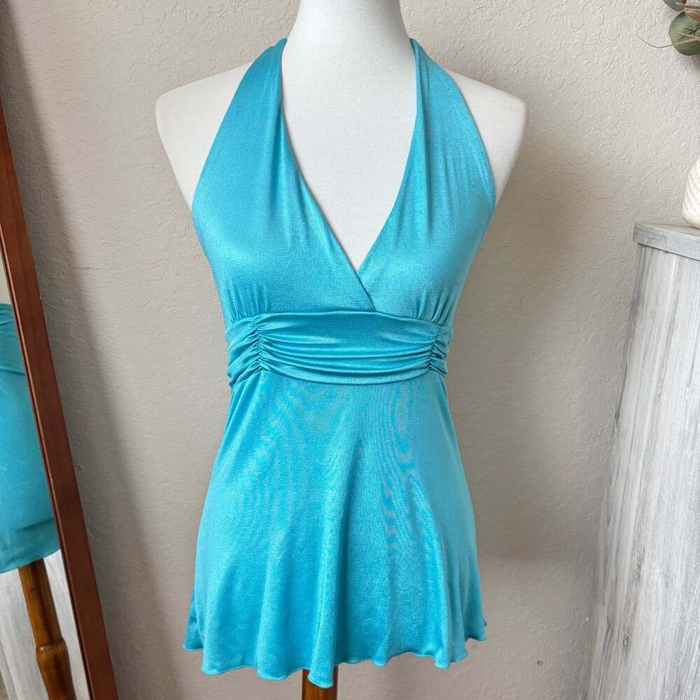 Uno Core Y2K Halter Ruched Turquoise Cami Fairy Top Size Small